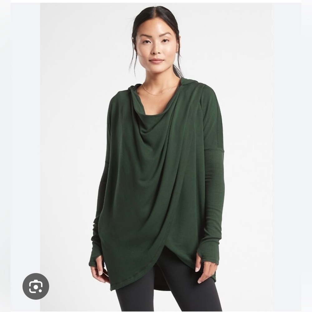 Athleta Purana Wrap Hooded Sweatshirt, Green Shrug with Asymmetrical Hem
